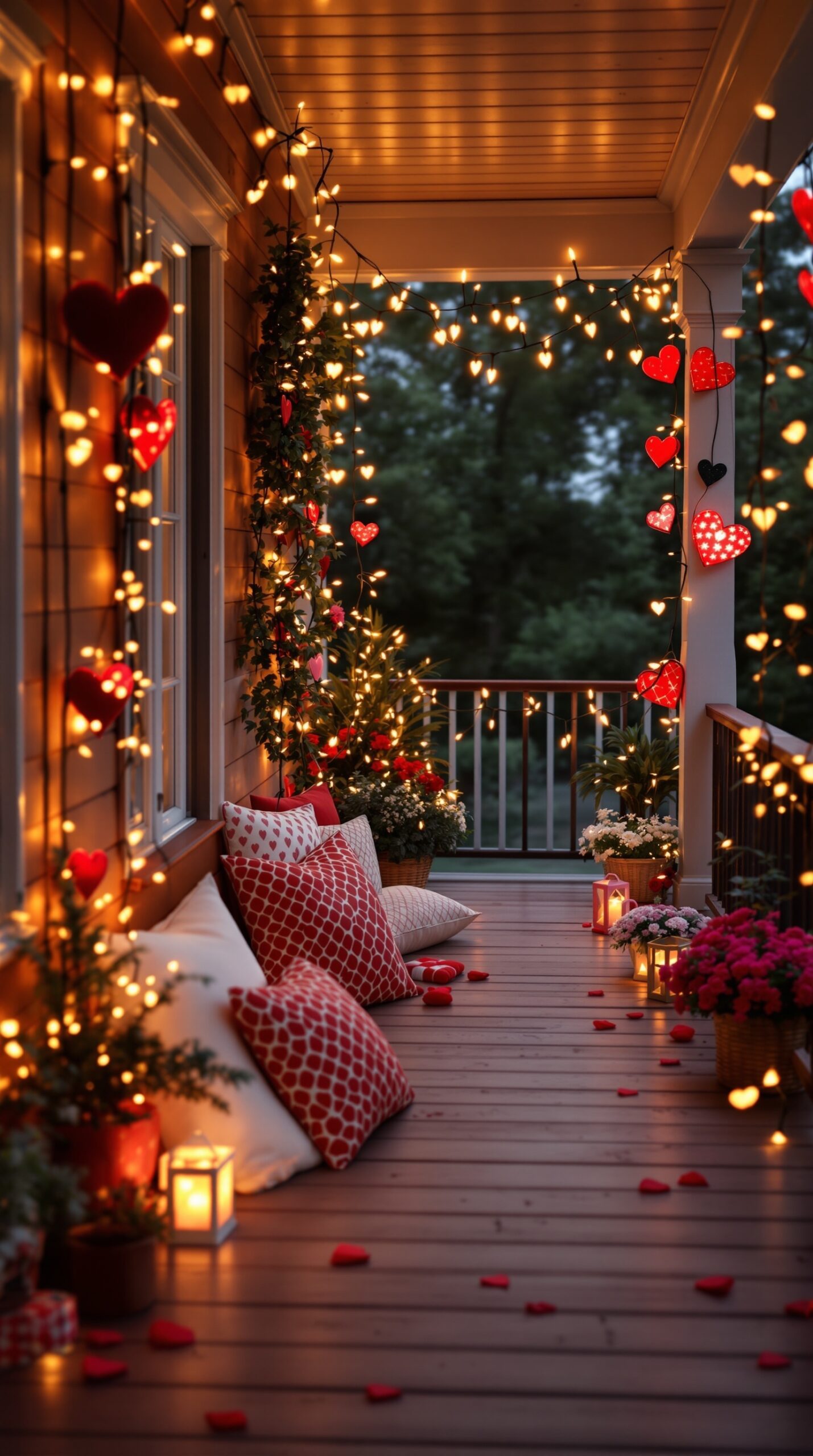A beautifully decorated porch with string lights, heart decorations, and cozy seating for Valentine's Day.