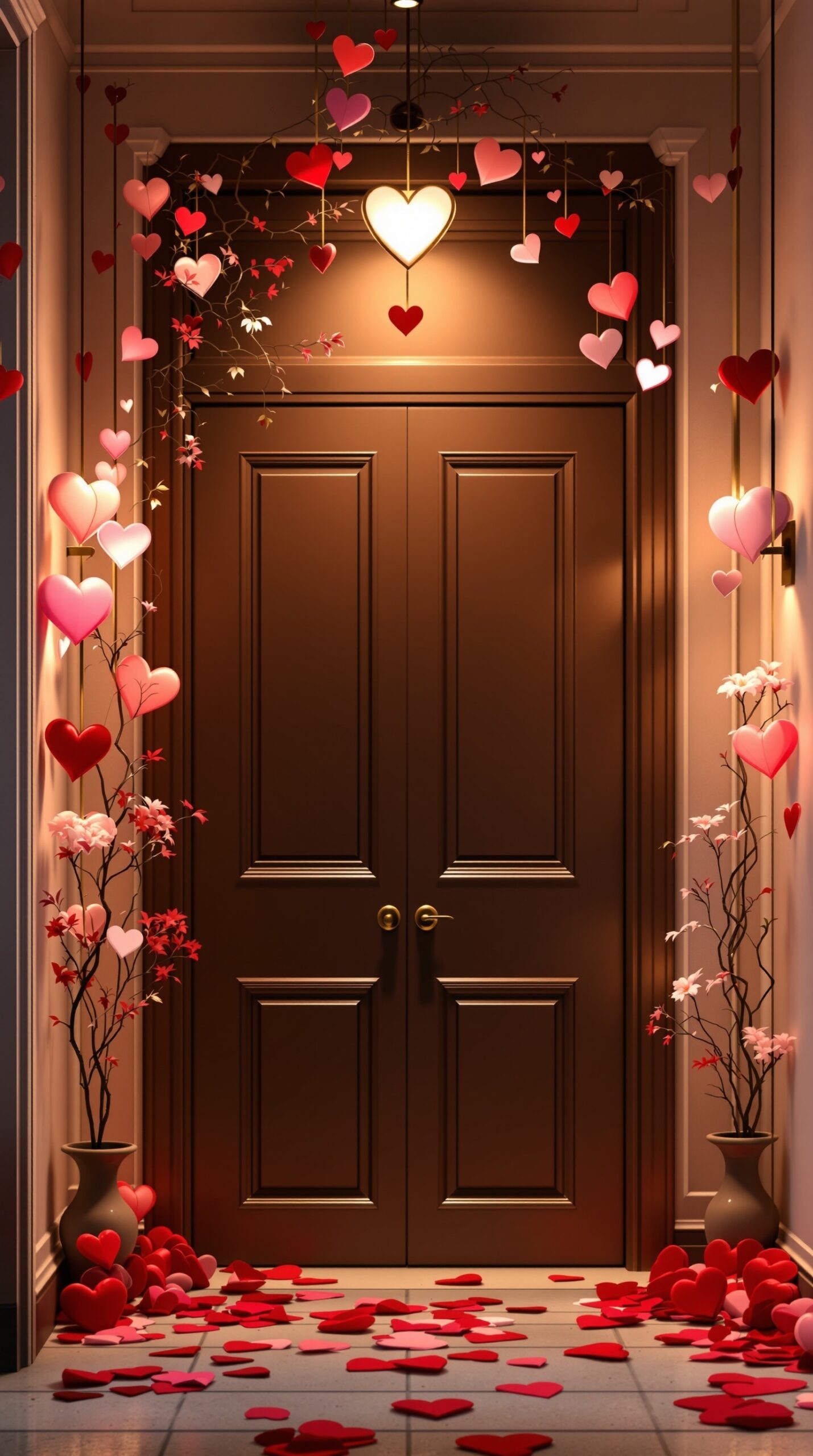 A charming entryway decorated for Valentine's Day with heart-shaped decorations and floral arrangements.