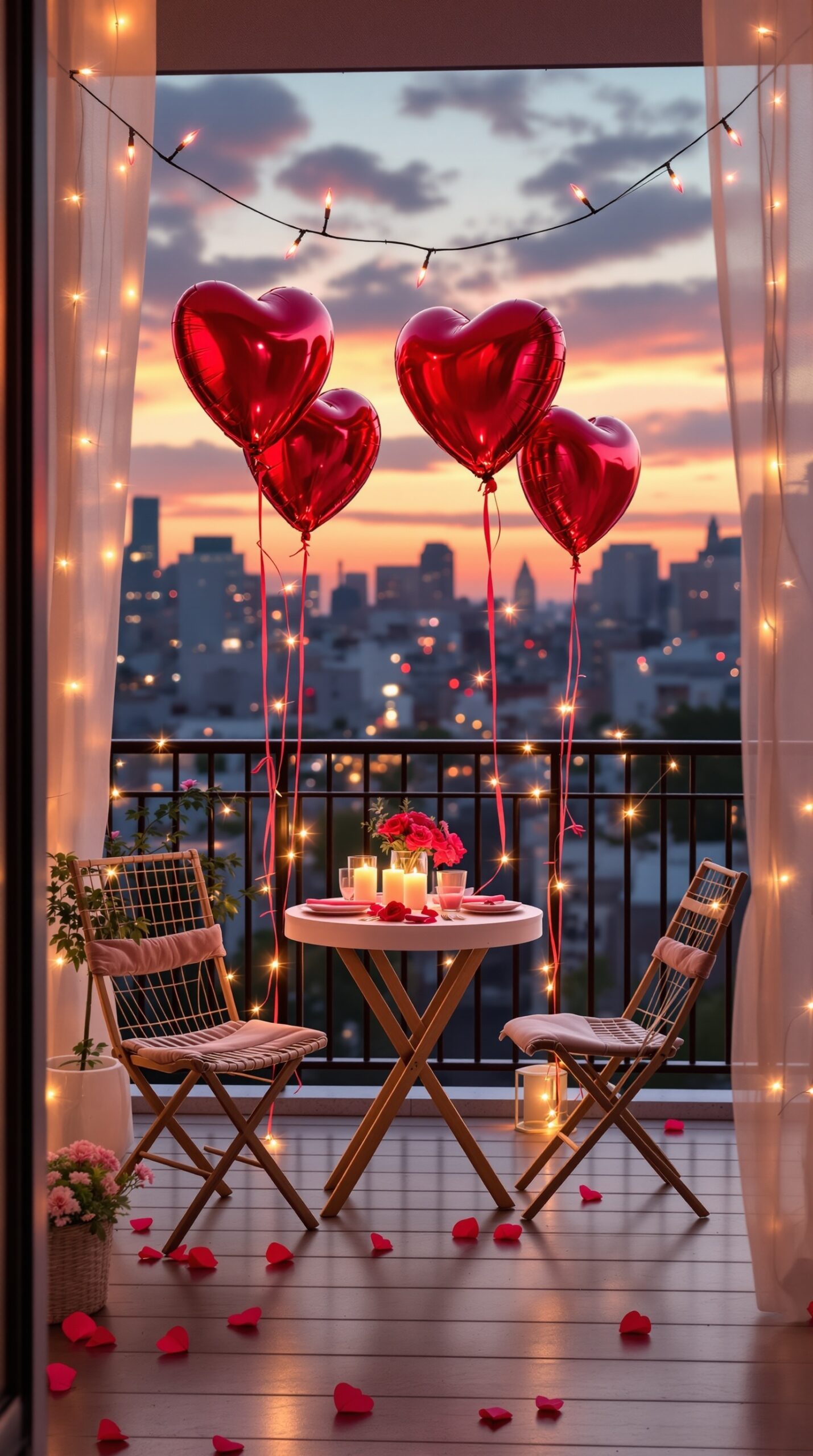 A romantic balcony decorated for Valentine's Day with heart-shaped balloons, candles, and rose petals.