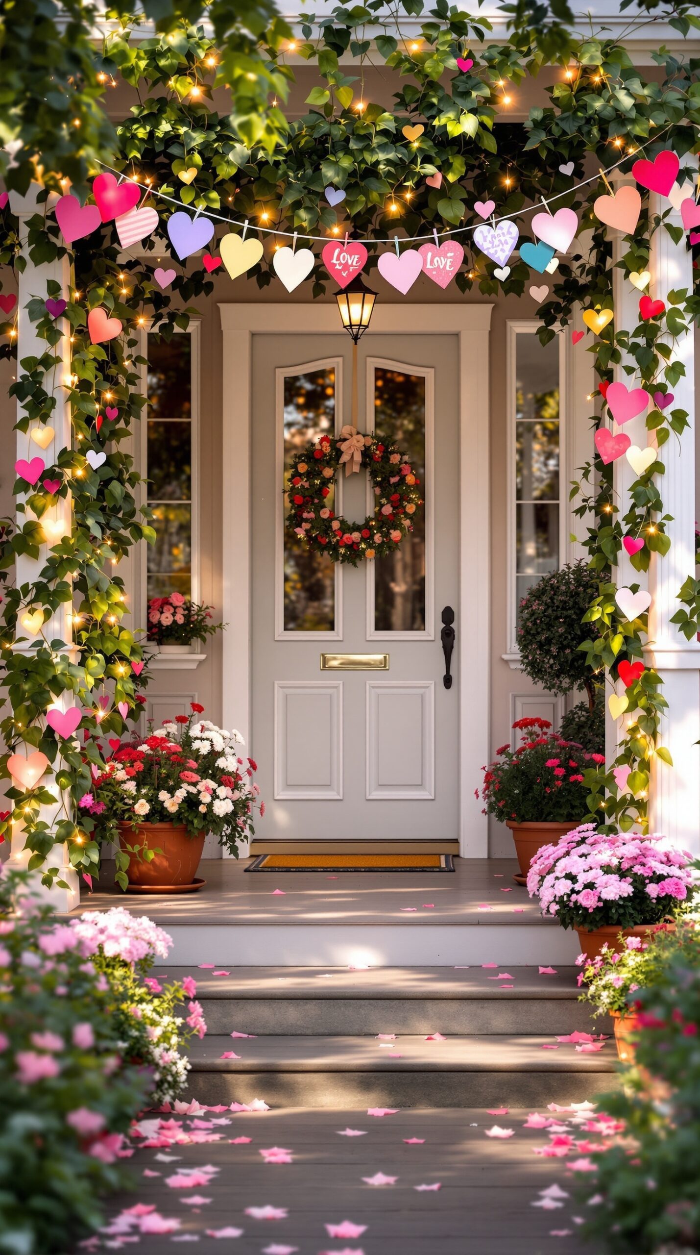 A beautifully decorated porch with heart garlands and bunting for Valentine's Day.