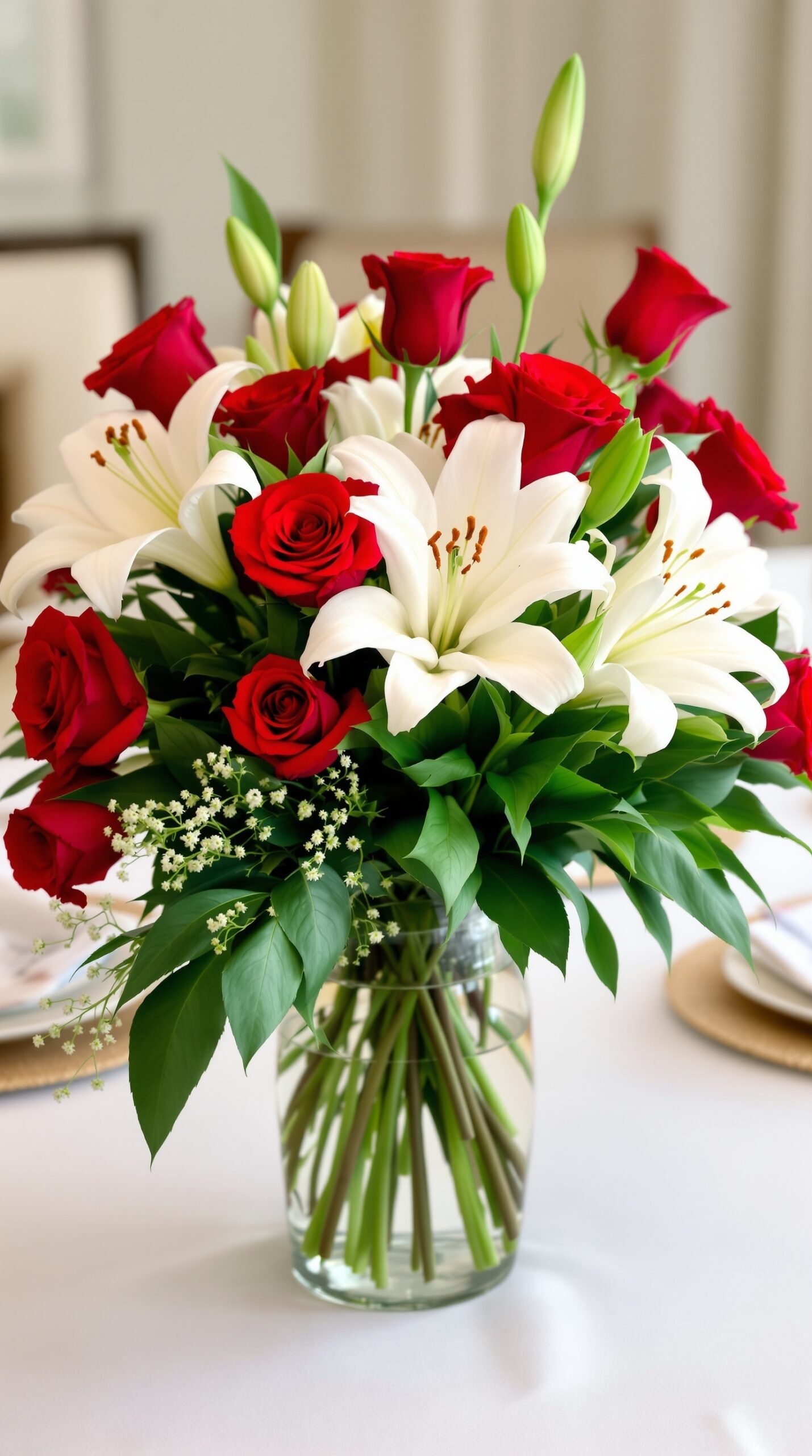 A beautiful floral centerpiece featuring red roses and white lilies in a clear vase.